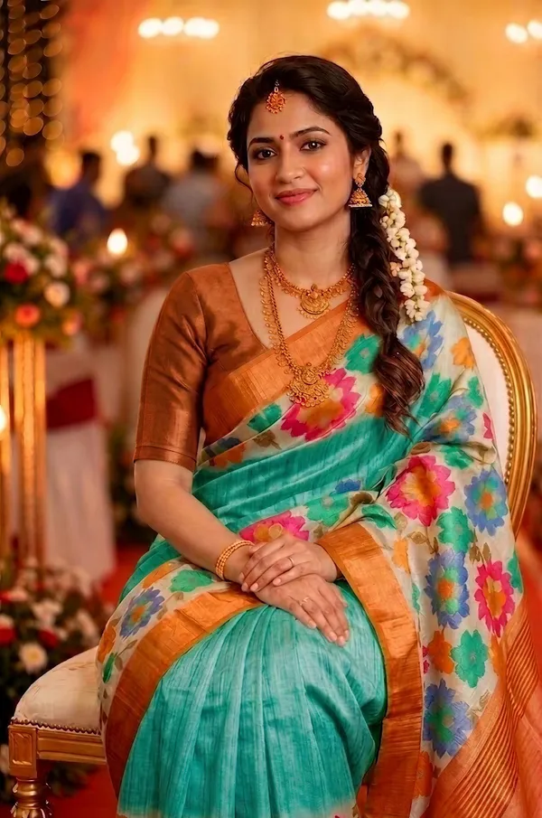 Aashvika_Rama_Green_–_Navratri_Special_|_Soft_Tussar_Silk_Saree_with_Digital_Print,_Border_&_Contrast_Print_Blouse_with_Tassels