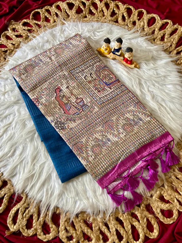 Bella_Blue_–_Beautiful_Aesthetic_Edit_for_You_|_Soft_Tussar_Silk_Saree_with_Digital_Print,_Checks_Design_Saree_&_Digital_Print_Blouse_with_Tassels