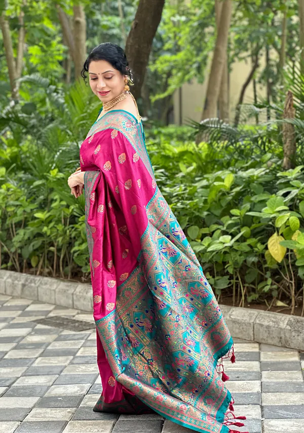 Premium_Soft_Paithani_Silk_sarees_With_Beautiful_Weaving_Pattern_With_Attractive_Rich_Pallu_And_Border_And_Weaving_Blouse_With_Tassels