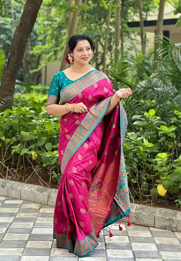 Premium_Soft_Paithani_Silk_sarees_With_Beautiful_Weaving_Pattern_With_Attractive_Rich_Pallu_And_Border_And_Weaving_Blouse_With_Tassels