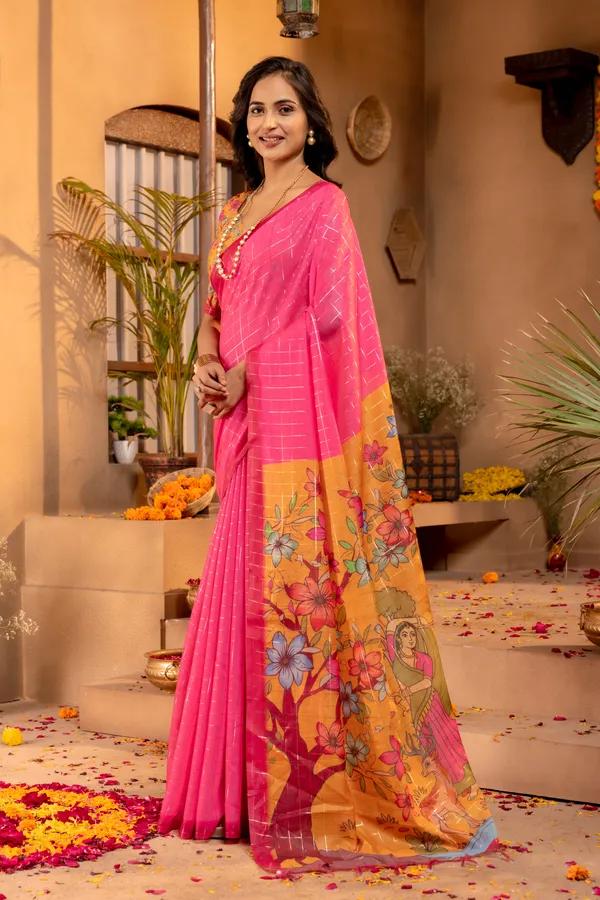 Baani_Pink_–_Navratri_Special_|_Soft_Semi_Tussar_Silk_Saree_with_Digital_Print,_Border_&_Contrast_Print_Blouse_with_Tassels