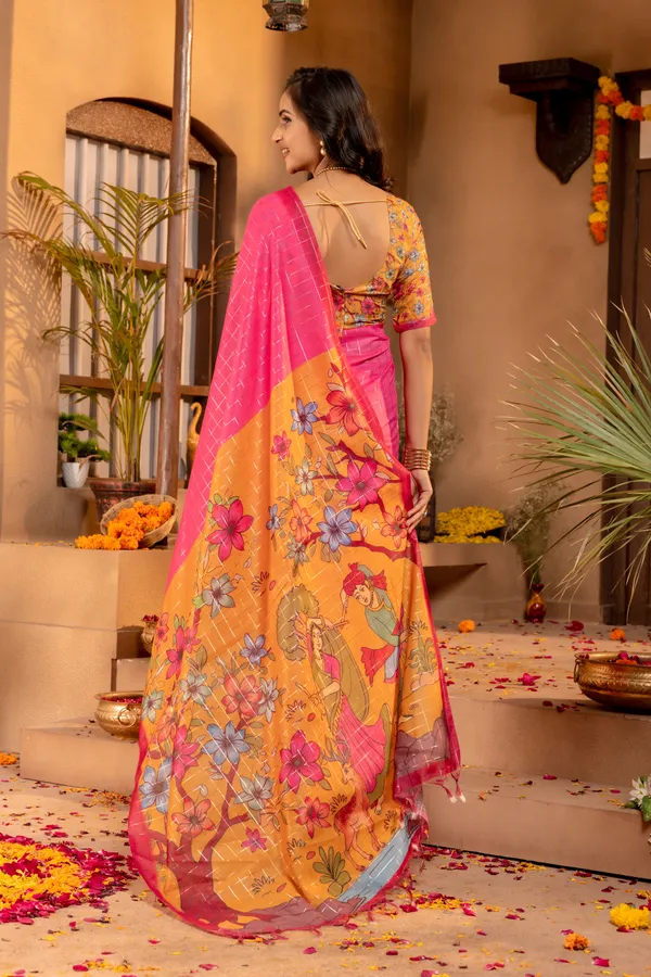 Baani_Pink_–_Navratri_Special_|_Soft_Semi_Tussar_Silk_Saree_with_Digital_Print,_Border_&_Contrast_Print_Blouse_with_Tassels