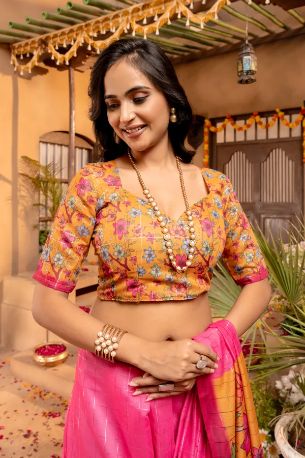 Baani_Pink_–_Navratri_Special_|_Soft_Semi_Tussar_Silk_Saree_with_Digital_Print,_Border_&_Contrast_Print_Blouse_with_Tassels