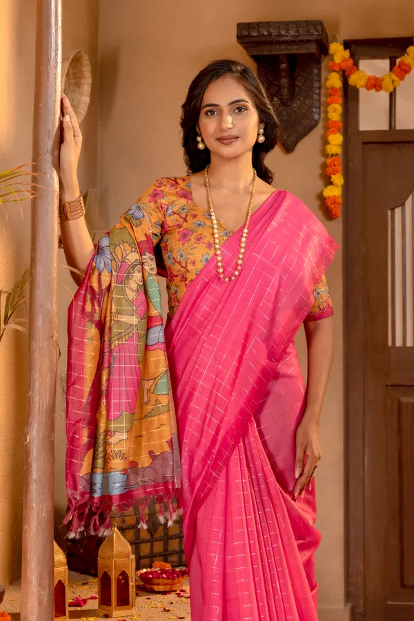 Baani_Pink_–_Navratri_Special_|_Soft_Semi_Tussar_Silk_Saree_with_Digital_Print,_Border_&_Contrast_Print_Blouse_with_Tassels