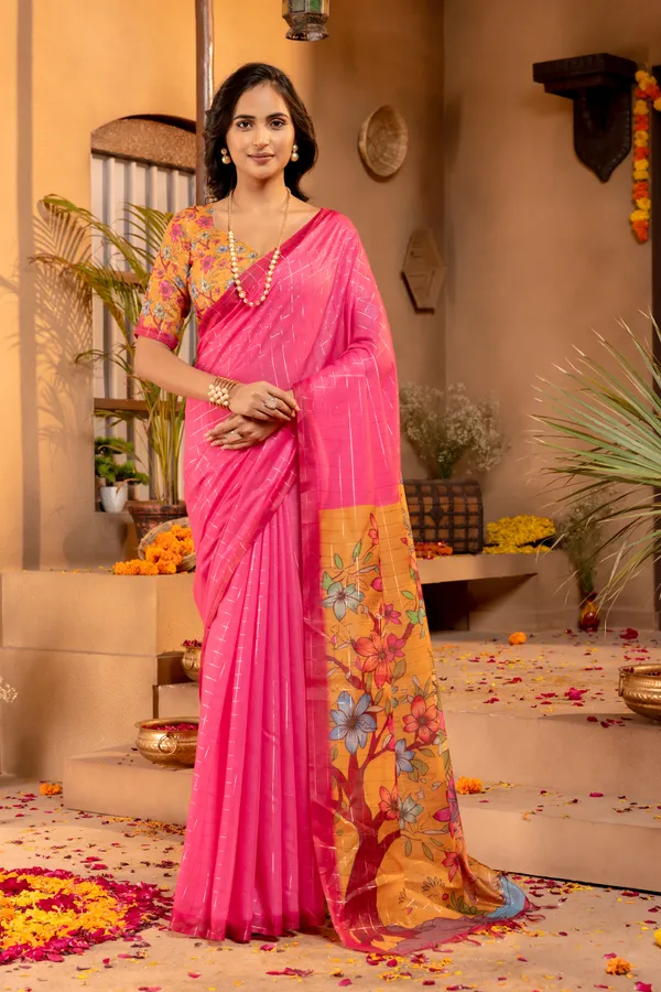 Baani_Pink_–_Navratri_Special_|_Soft_Semi_Tussar_Silk_Saree_with_Digital_Print,_Border_&_Contrast_Print_Blouse_with_Tassels