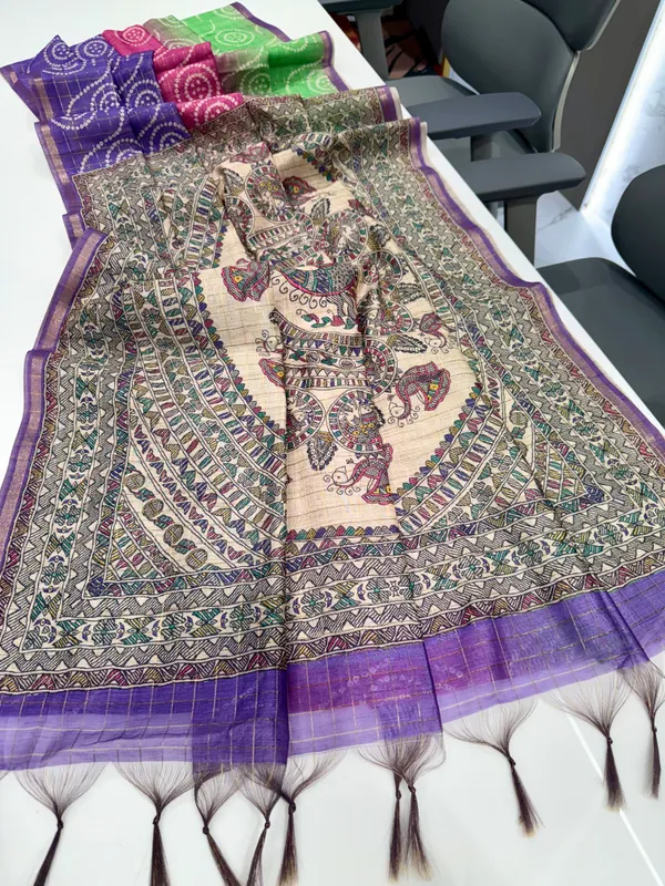 Soft_Semi_Tussar_Silk_sarees_with_Beautiful_Digital_Print_With_Attractive_Border_And_Contrast_Print_Blouse_With_Tassels