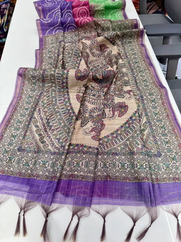 Soft_Semi_Tussar_Silk_sarees_with_Beautiful_Digital_Print_With_Attractive_Border_And_Contrast_Print_Blouse_With_Tassels