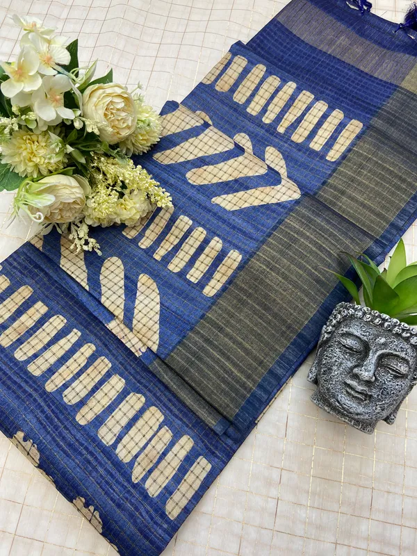 Kanika_Blue_–_Checks_Design_Aesthetic_Edit_for_You_|_Soft_Tussar_Silk_Saree_with_Digital_Print,_Checks_Design_Saree_&_Digital_Print_Blouse