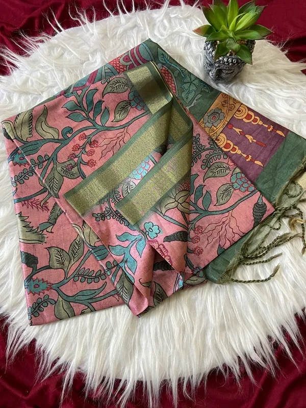 Soft_Tussar_Silk_sarees_with_Beautiful_Digital_Print_With_Attractive_Border_And_Contrast_Print_Blouse_With_Tassels