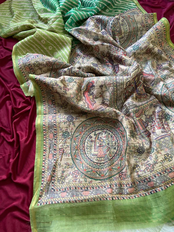 Soft_Semi_Tussar_Silk_sarees_with_Beautiful_Digital_Print_With_Attractive_Border_And_Contrast_Print_Blouse_With_Tassels