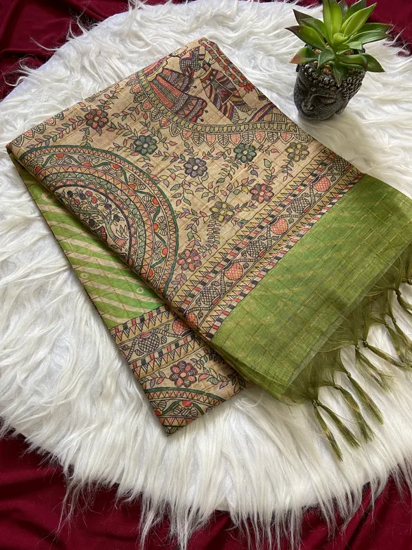 Soft_Semi_Tussar_Silk_sarees_with_Beautiful_Digital_Print_With_Attractive_Border_And_Contrast_Print_Blouse_With_Tassels