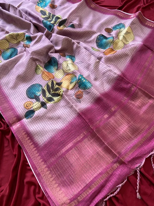 Soft_Tussar_Silk_sarees_with_Beautiful_Digital_Print_With_Attractive_Checks_Design_Saree_And_Digital_Print_Blouse_With_Tassels