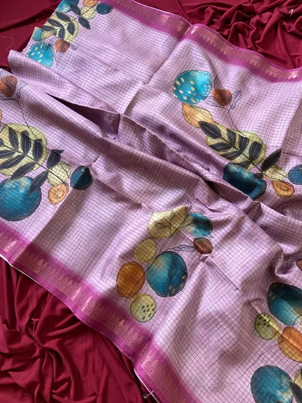Soft_Tussar_Silk_sarees_with_Beautiful_Digital_Print_With_Attractive_Checks_Design_Saree_And_Digital_Print_Blouse_With_Tassels