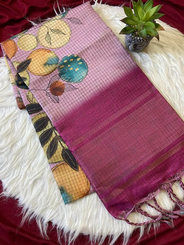 Soft_Tussar_Silk_sarees_with_Beautiful_Digital_Print_With_Attractive_Checks_Design_Saree_And_Digital_Print_Blouse_With_Tassels