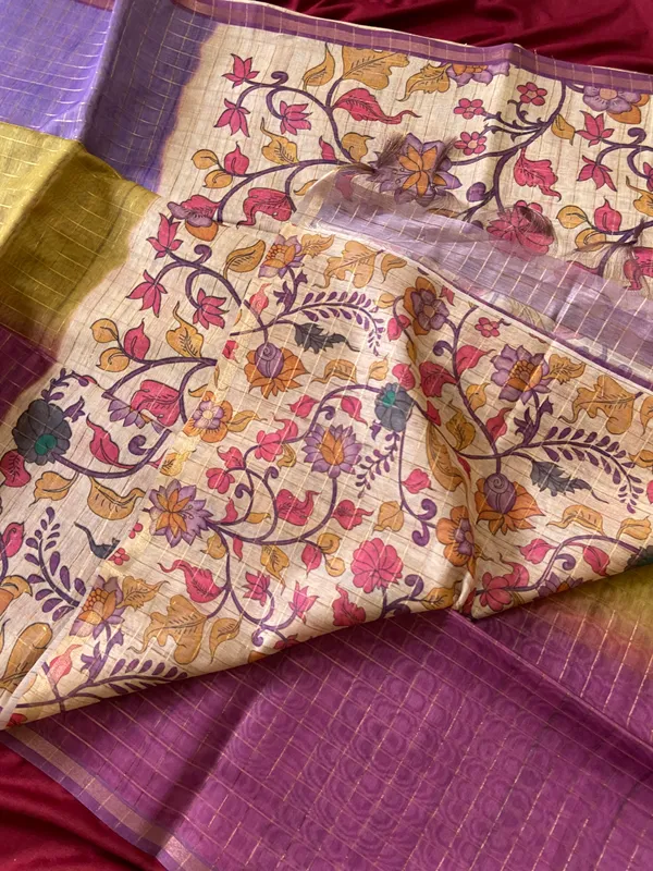 Soft_Semi_Tussar_Silk_sarees_with_Beautiful_Digital_Print_With_Attractive_Border_And_Contrast_Print_Blouse_With_Tassels