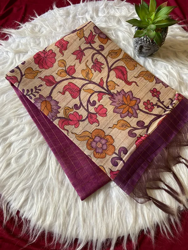Soft_Semi_Tussar_Silk_sarees_with_Beautiful_Digital_Print_With_Attractive_Border_And_Contrast_Print_Blouse_With_Tassels