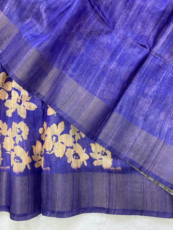 Edhitha_Blue_–_Navratri_Special_|_Soft_Tussar_Silk_Saree_with_Print,_Border_&_Contrast_Print_Blouse_with_Tassels