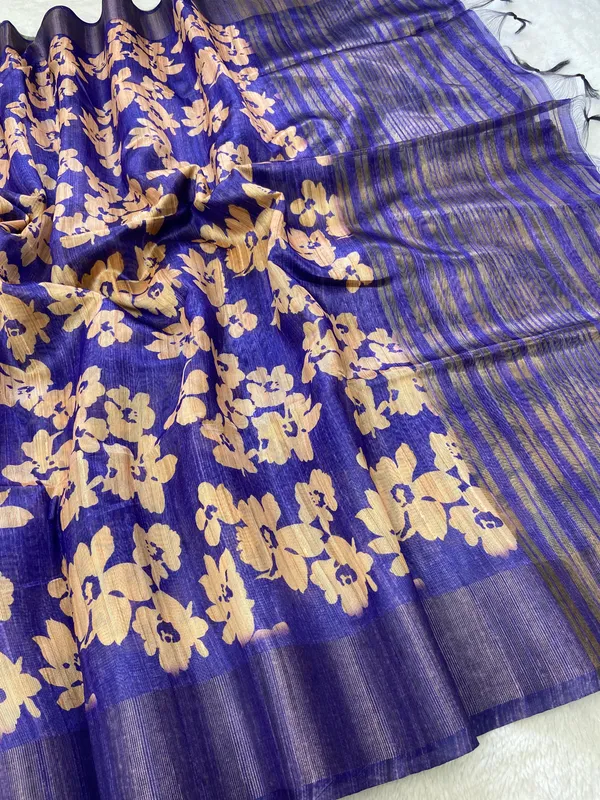 Edhitha_Blue_–_Navratri_Special_|_Soft_Tussar_Silk_Saree_with_Print,_Border_&_Contrast_Print_Blouse_with_Tassels