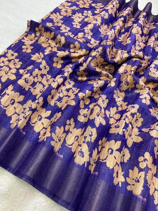 Edhitha_Blue_–_Navratri_Special_|_Soft_Tussar_Silk_Saree_with_Print,_Border_&_Contrast_Print_Blouse_with_Tassels