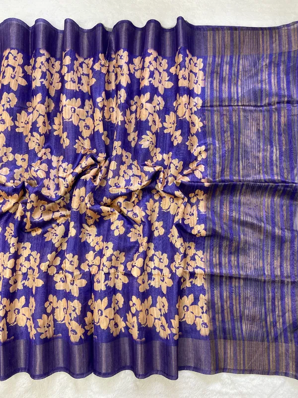 Edhitha_Blue_–_Navratri_Special_|_Soft_Tussar_Silk_Saree_with_Print,_Border_&_Contrast_Print_Blouse_with_Tassels