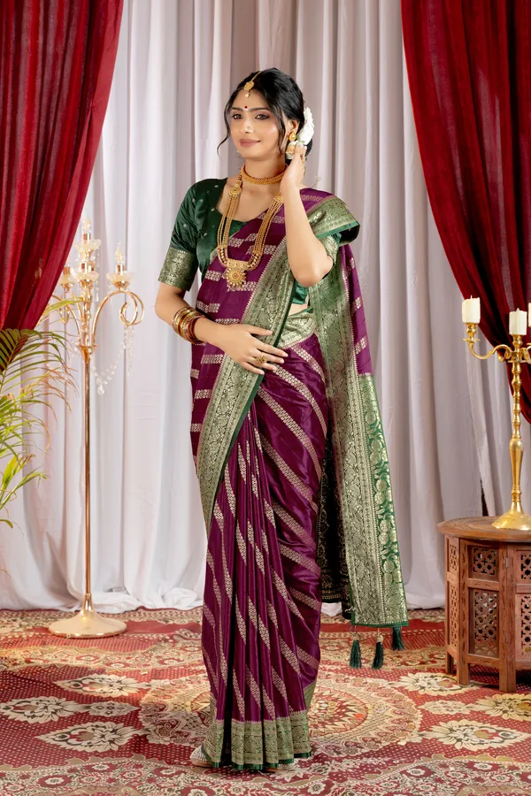 Banarasi_Pure_Satin_Silk_sarees_with_Beautiful_Contrast_Green-Wine_Shades_With_Attractive_Weaving_Gold_Zari_Design_And_Contrast_Blouse_With_Tassels