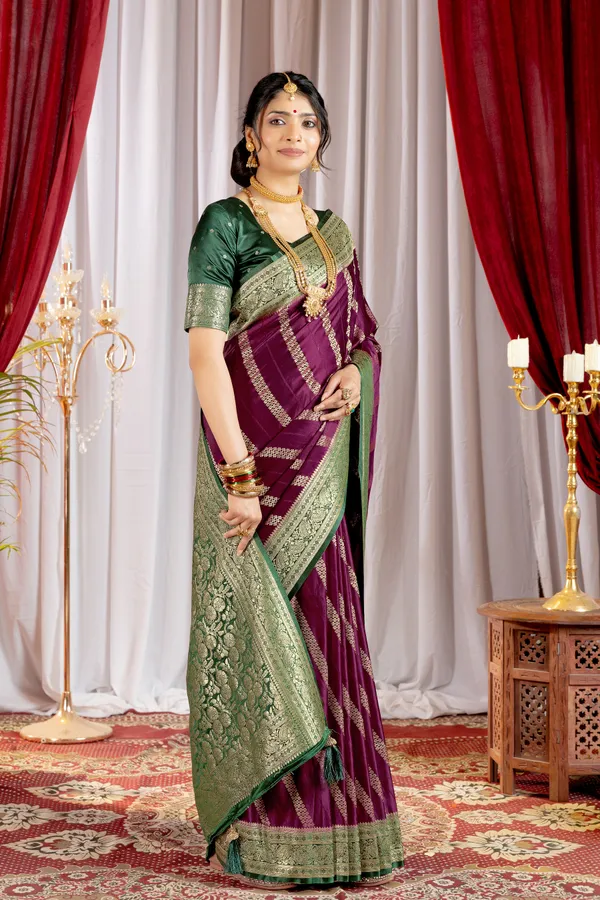 Banarasi_Pure_Satin_Silk_sarees_with_Beautiful_Contrast_Green-Wine_Shades_With_Attractive_Weaving_Gold_Zari_Design_And_Contrast_Blouse_With_Tassels