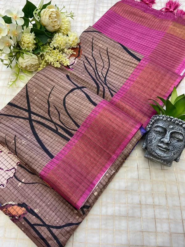 Purna_Grey_–_Complete_Aesthetic_Edit_for_You_|_Soft_Tussar_Silk_Saree_with_Digital_Print,_Checks_Design_Saree_&_Digital_Print_Blouse_with_Tassels