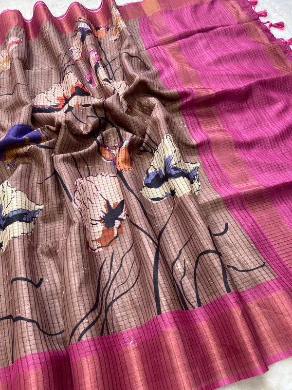 Purna_Grey_–_Complete_Aesthetic_Edit_for_You_|_Soft_Tussar_Silk_Saree_with_Digital_Print,_Checks_Design_Saree_&_Digital_Print_Blouse_with_Tassels