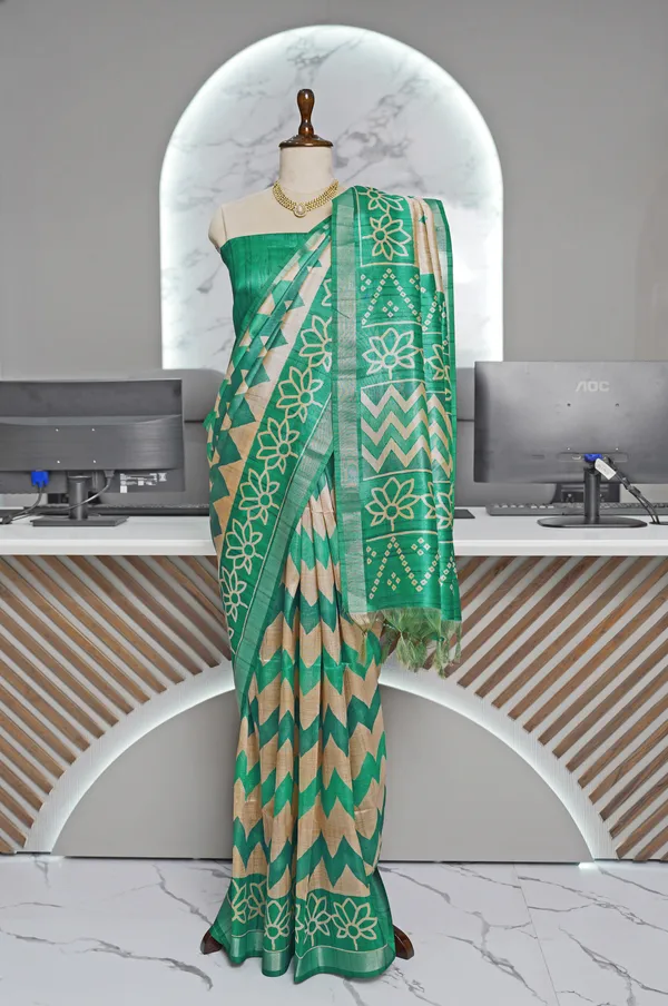 Soft_Tussar_Silk_sarees_with_Beautiful_Digital_Print_With_Attractive_Border_And_Contrast_Print_Blouse_With_Tassels