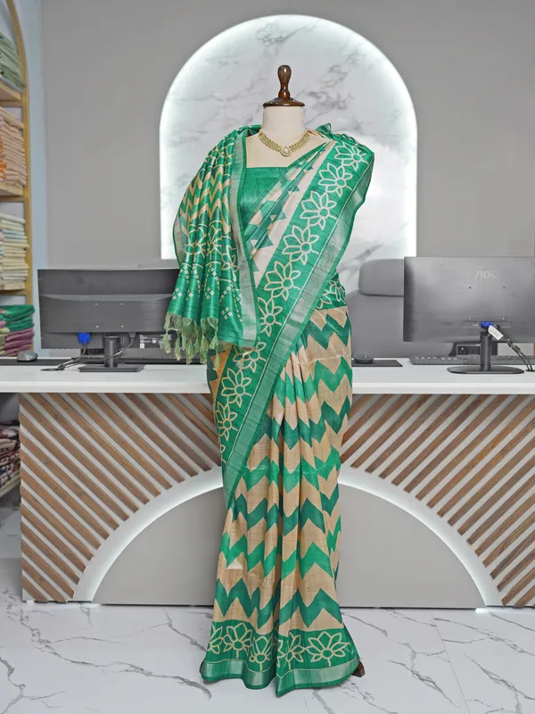 Soft_Tussar_Silk_sarees_with_Beautiful_Digital_Print_With_Attractive_Border_And_Contrast_Print_Blouse_With_Tassels