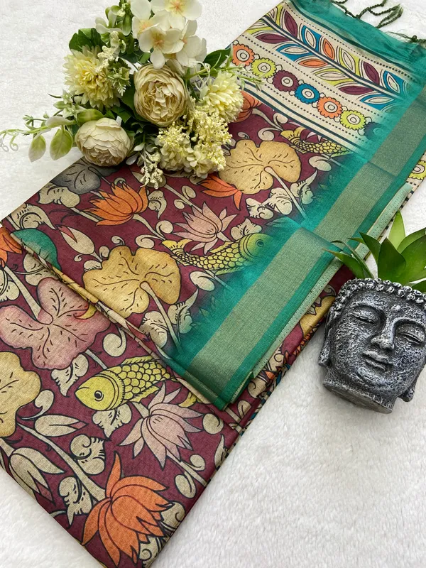 Soft_Tussar_Silk_sarees_with_Beautiful_Digital_Print_With_Attractive_Border_And_Contrast_Print_Blouse_With_Tassels