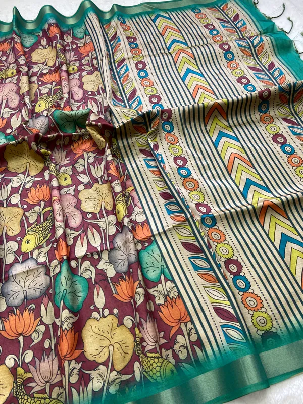 Soft_Tussar_Silk_sarees_with_Beautiful_Digital_Print_With_Attractive_Border_And_Contrast_Print_Blouse_With_Tassels