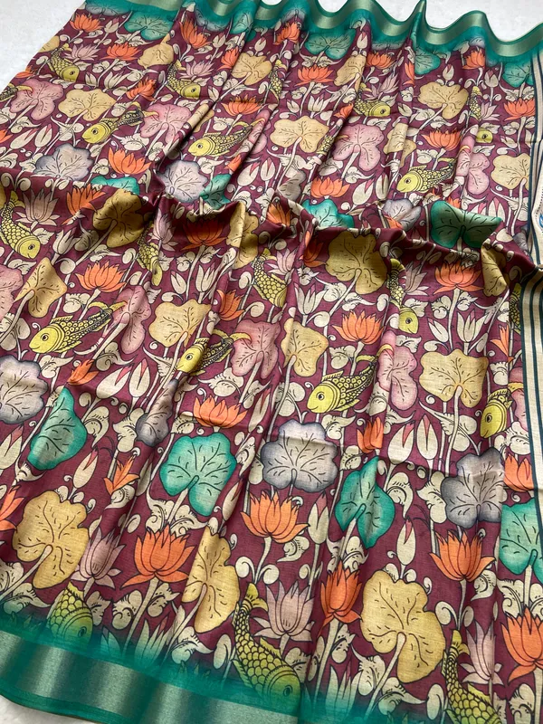 Soft_Tussar_Silk_sarees_with_Beautiful_Digital_Print_With_Attractive_Border_And_Contrast_Print_Blouse_With_Tassels