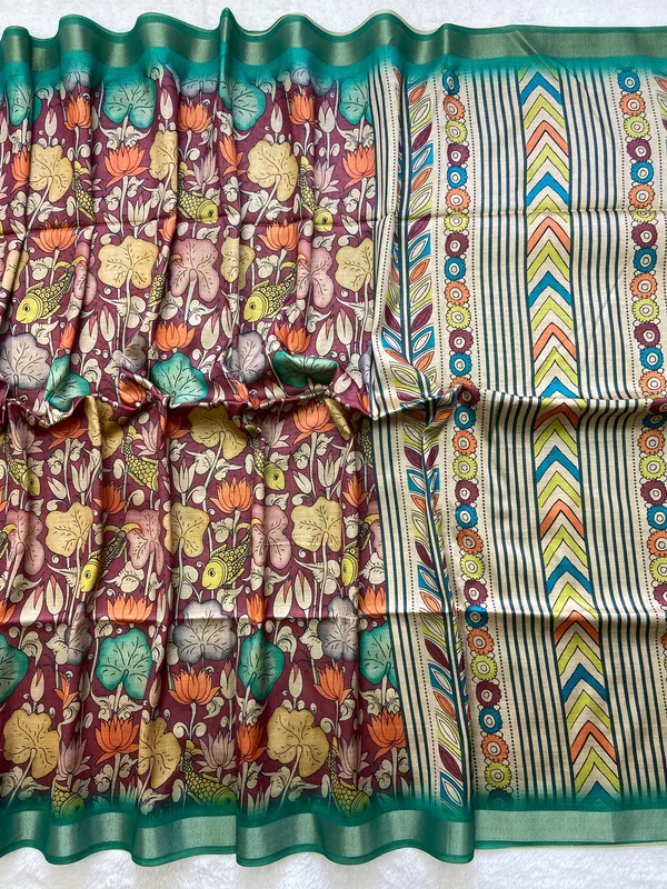Soft_Tussar_Silk_sarees_with_Beautiful_Digital_Print_With_Attractive_Border_And_Contrast_Print_Blouse_With_Tassels