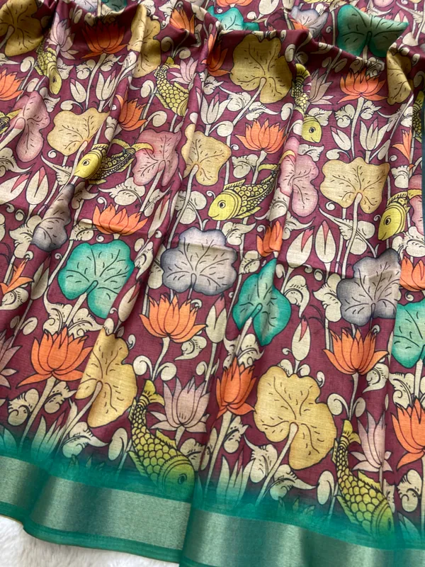 Soft_Tussar_Silk_sarees_with_Beautiful_Digital_Print_With_Attractive_Border_And_Contrast_Print_Blouse_With_Tassels