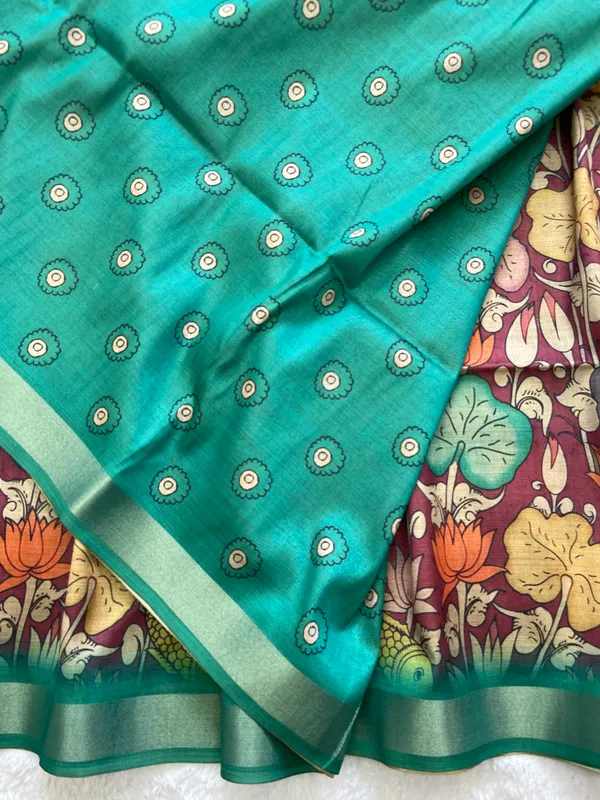 Soft_Tussar_Silk_sarees_with_Beautiful_Digital_Print_With_Attractive_Border_And_Contrast_Print_Blouse_With_Tassels