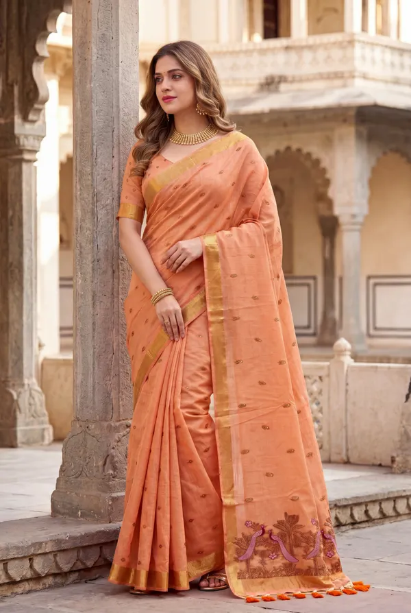 Kashish_2_Orange_–_Alluring_Wedding_Special_|_Premium_Soft_Muga_Cotton_Saree_with_Colourful_Resham_Weaving_Peacock_Design_Pallu