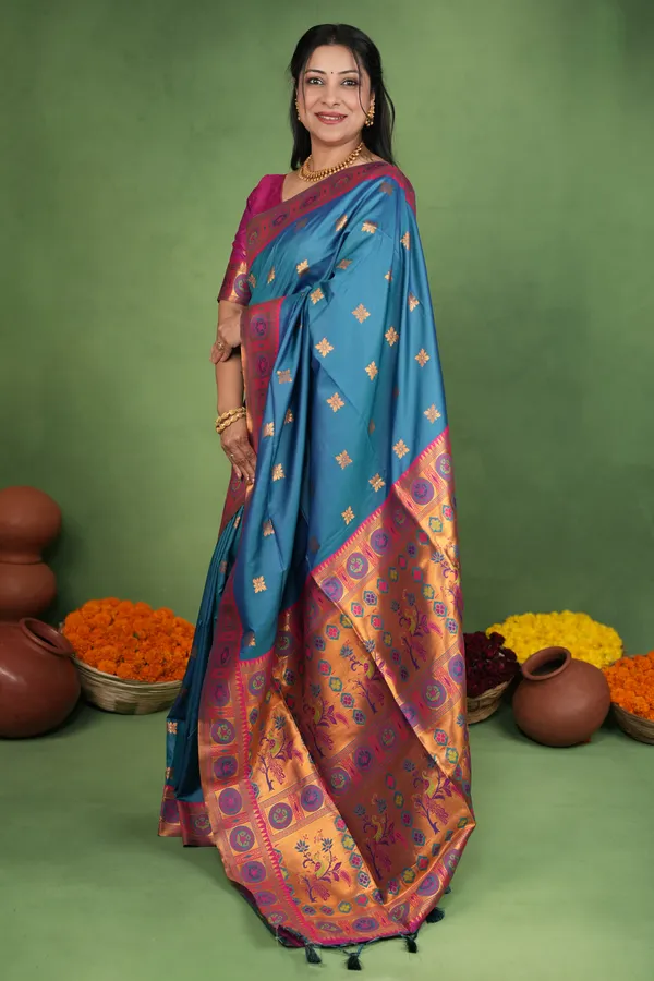Premium_Soft_Paithani_Silk_sarees_With_Beautiful_Weaving_Pattern_With_Attractive_Rich_Pallu_And_Border_And_Weaving_Blouse_With_Tassels