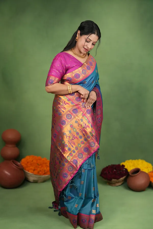 Premium_Soft_Paithani_Silk_sarees_With_Beautiful_Weaving_Pattern_With_Attractive_Rich_Pallu_And_Border_And_Weaving_Blouse_With_Tassels