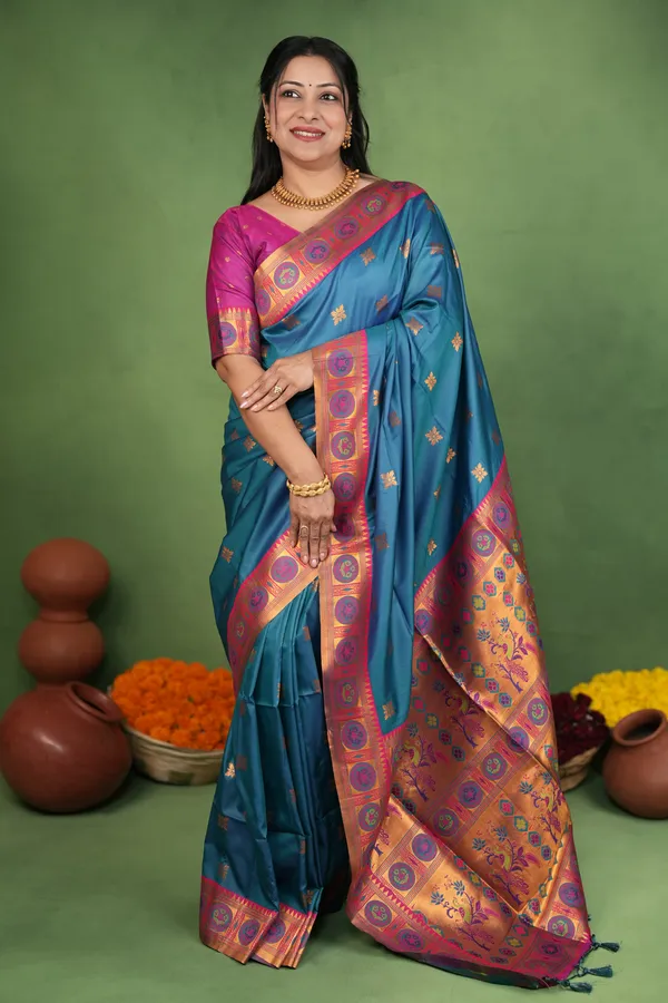 Premium_Soft_Paithani_Silk_sarees_With_Beautiful_Weaving_Pattern_With_Attractive_Rich_Pallu_And_Border_And_Weaving_Blouse_With_Tassels