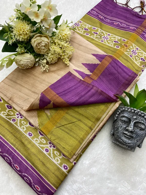 Soft_Tussar_Silk_sarees_with_Beautiful_Print_With_Attractive_Border_And_Contrast_Print_Blouse_With_Tassels