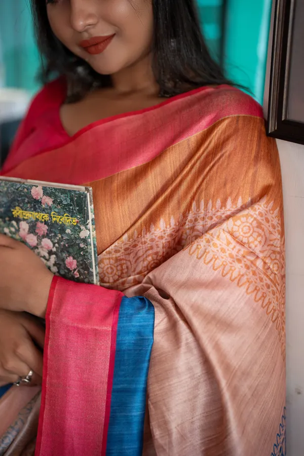 Bhanumati_Pink_–_Navratri_Special_|_Soft_Tussar_Silk_Saree_with_Print,_Border_&_Contrast_Print_Blouse_with_Tassels