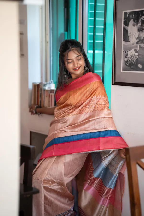Bhanumati_Pink_–_Navratri_Special_|_Soft_Tussar_Silk_Saree_with_Print,_Border_&_Contrast_Print_Blouse_with_Tassels