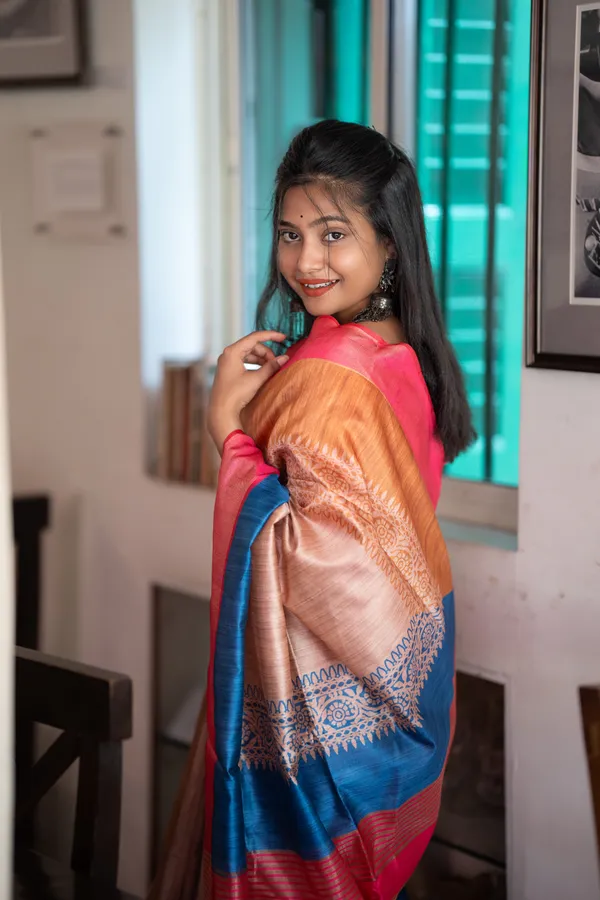 Bhanumati_Pink_–_Navratri_Special_|_Soft_Tussar_Silk_Saree_with_Print,_Border_&_Contrast_Print_Blouse_with_Tassels