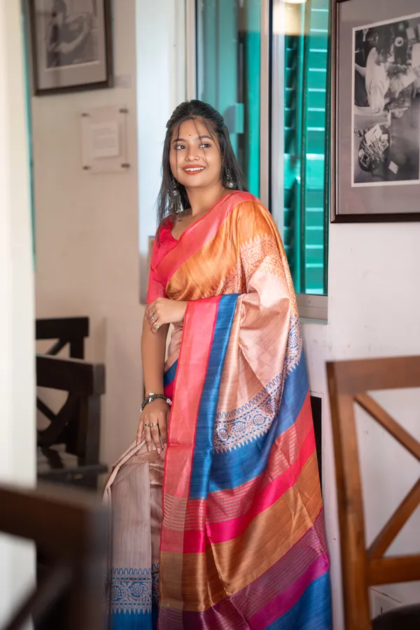 Bhanumati_Pink_–_Navratri_Special_|_Soft_Tussar_Silk_Saree_with_Print,_Border_&_Contrast_Print_Blouse_with_Tassels