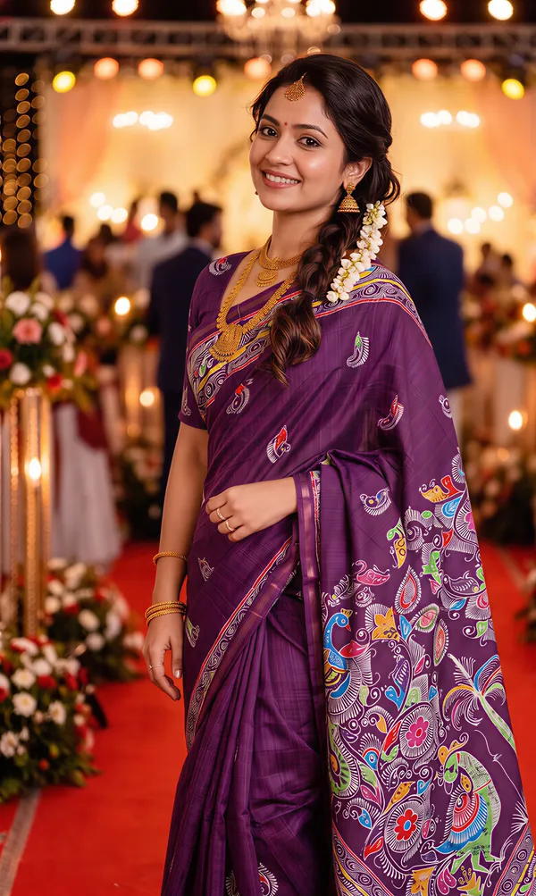 Diya_Purple_–_Lamp_Lit_Diwali_Special_|_Soft_Tussar_Silk_Saree_with_Digital_Print,_Border_&_Contrast_Print_Blouse_with_Tassels