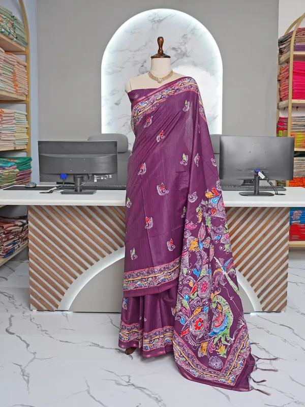 Diya_Purple_–_Lamp_Lit_Diwali_Special_|_Soft_Tussar_Silk_Saree_with_Digital_Print,_Border_&_Contrast_Print_Blouse_with_Tassels