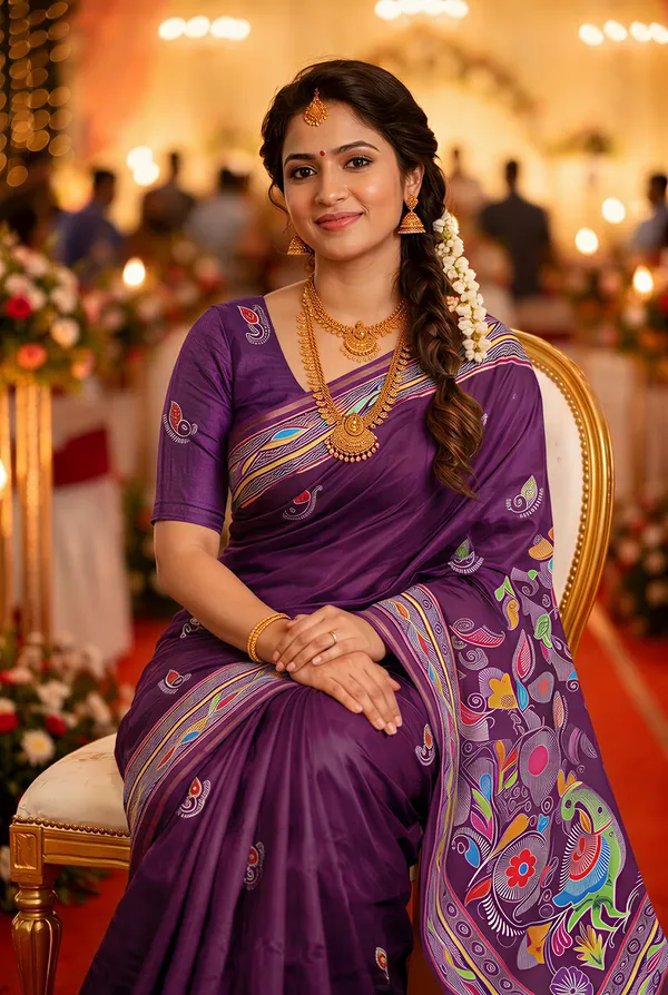 Diya_Purple_–_Lamp_Lit_Diwali_Special_|_Soft_Tussar_Silk_Saree_with_Digital_Print,_Border_&_Contrast_Print_Blouse_with_Tassels