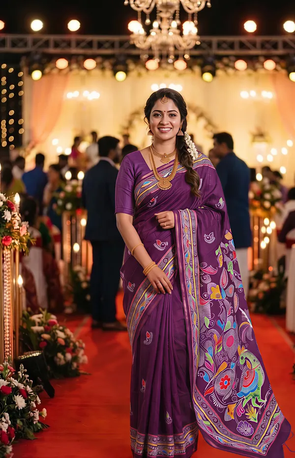 Diya_Purple_–_Lamp_Lit_Diwali_Special_|_Soft_Tussar_Silk_Saree_with_Digital_Print,_Border_&_Contrast_Print_Blouse_with_Tassels