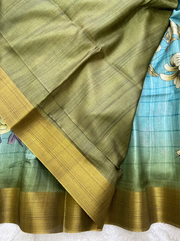 Soft_Tussar_Silk_sarees_with_Beautiful_Print_With_Attractive_Border_And_Contrast_Print_Blouse_With_Tassels